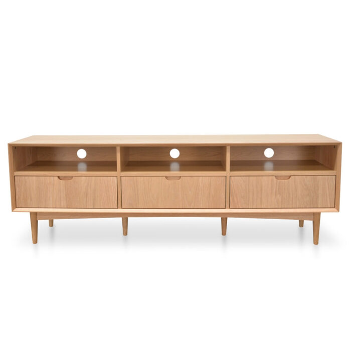 Nova 180cm TV unit, natural wood, spacious shelves, drawers, cable management, oak legs.