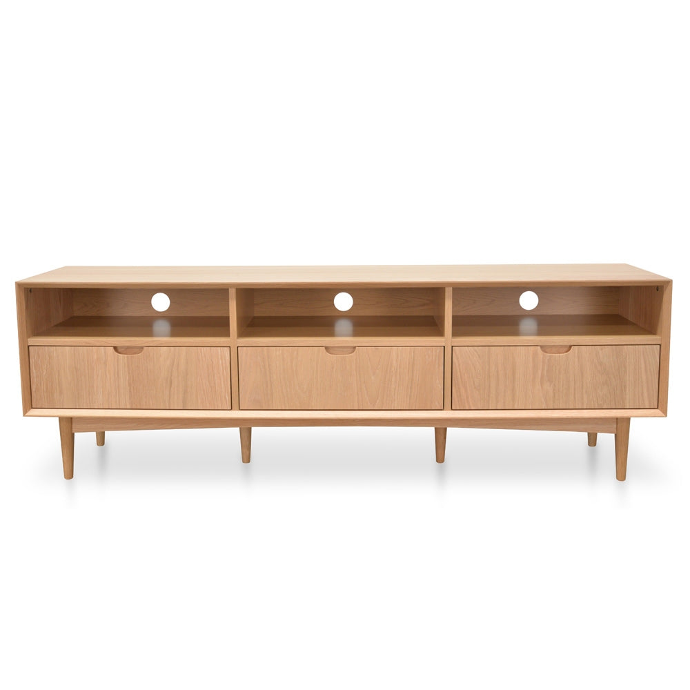 Nova 180cm TV unit, natural wood, spacious shelves, drawers, cable management, oak legs.
