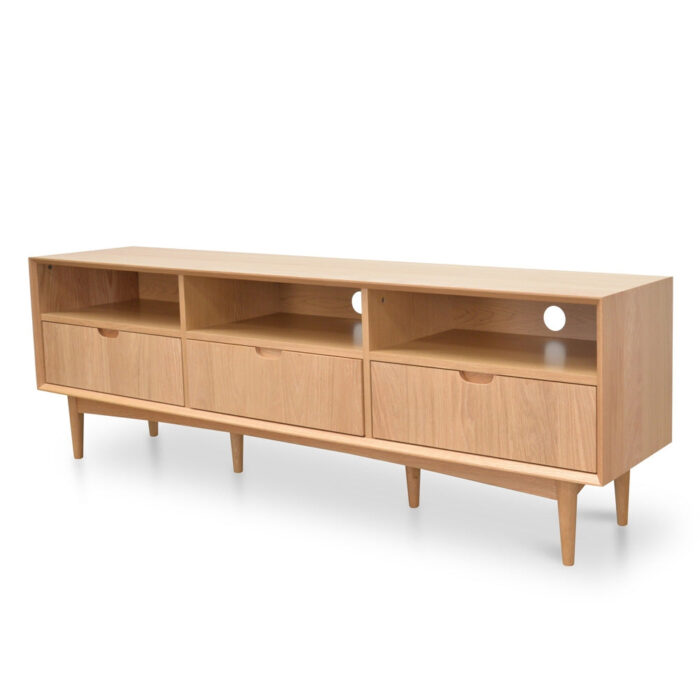 Nova 180cm TV unit, natural timber, spacious shelves, drawers, cable management, oak legs.