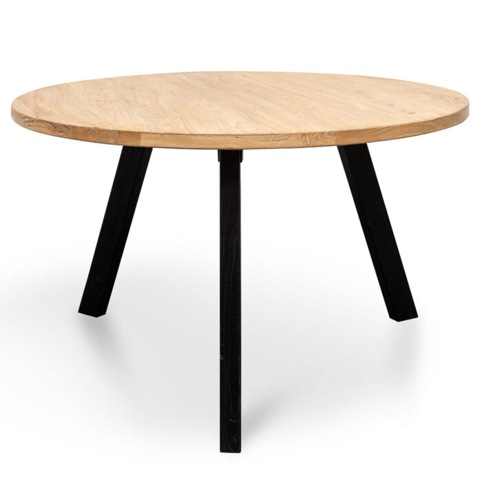 Round black dining table, reclaimed elm, 1.25m, industrial legs, unique texture
