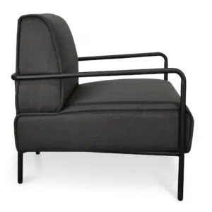Dark grey lounge chair, sleek design, comfortable seating, durable steel frame