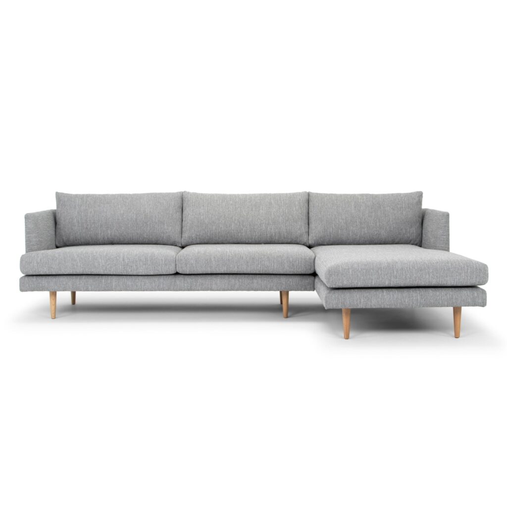 Scandinavian 3-seater sofa with chaise, graphite grey, natural legs