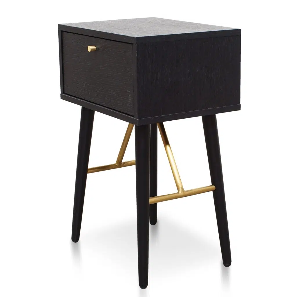 Ivy Black Bedside Table, sleek design, MDF ash veneer, brushed brass handle, compact storage solution.