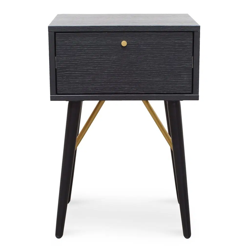 Ivy black bedside table with drawer and brass handle