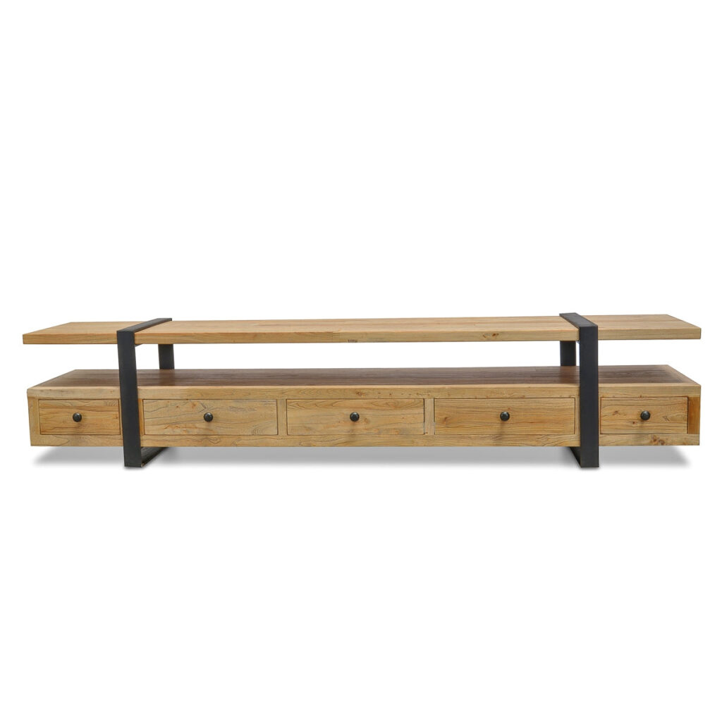Industrial TV unit, reclaimed elm, 2.2m, rustic metal accents, spacious storage
