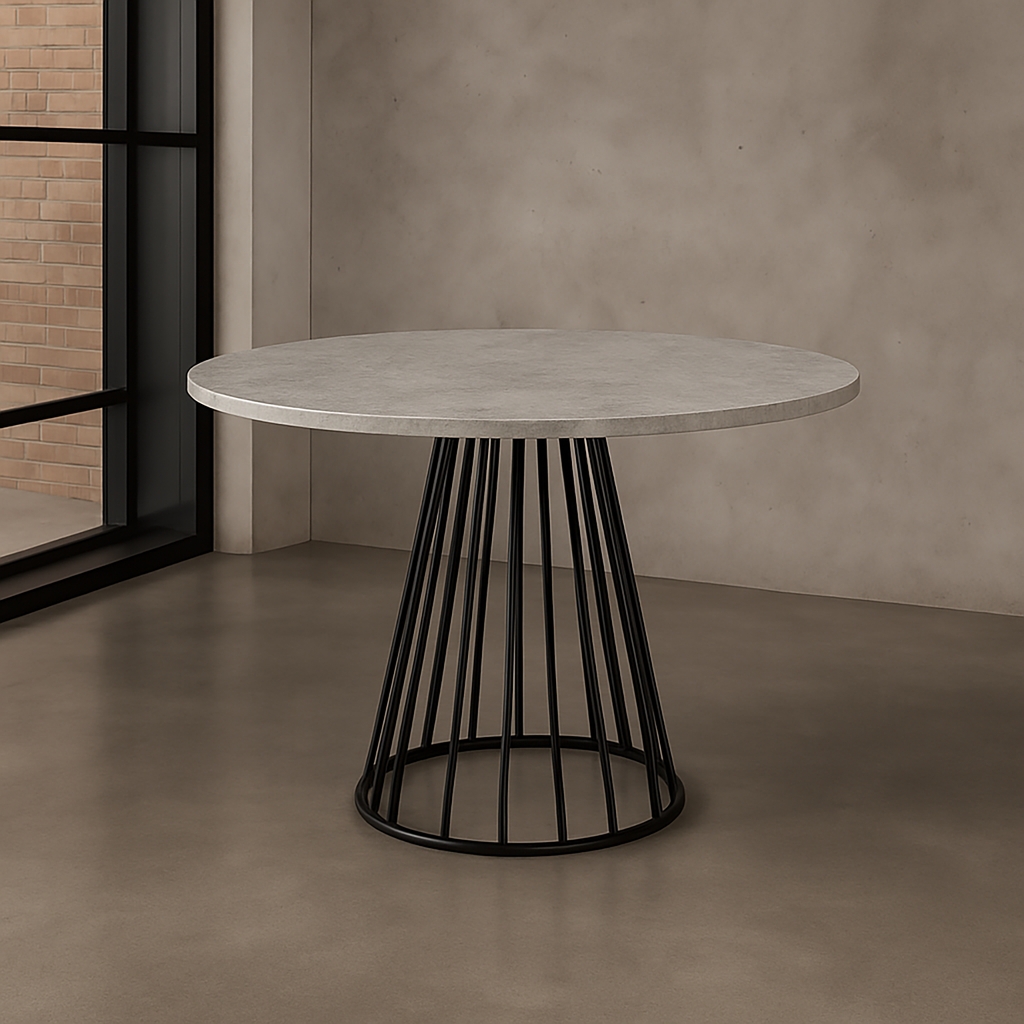 Elowyn 1.2m round dining table with grey sintered stone top and black timber legs