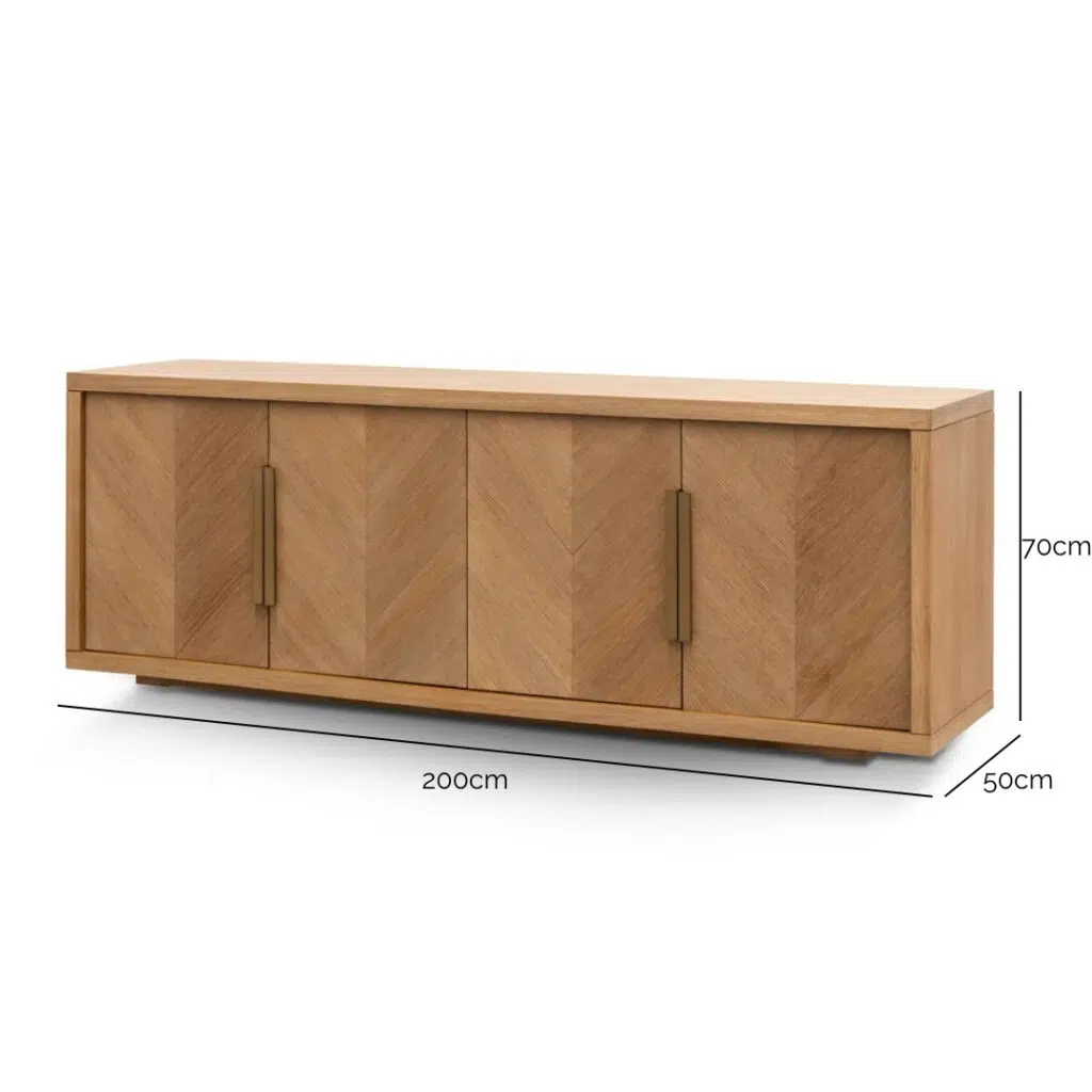 Calista 2m buffet unit in dusty oak with brushed gold handles for modern storage and elegance
