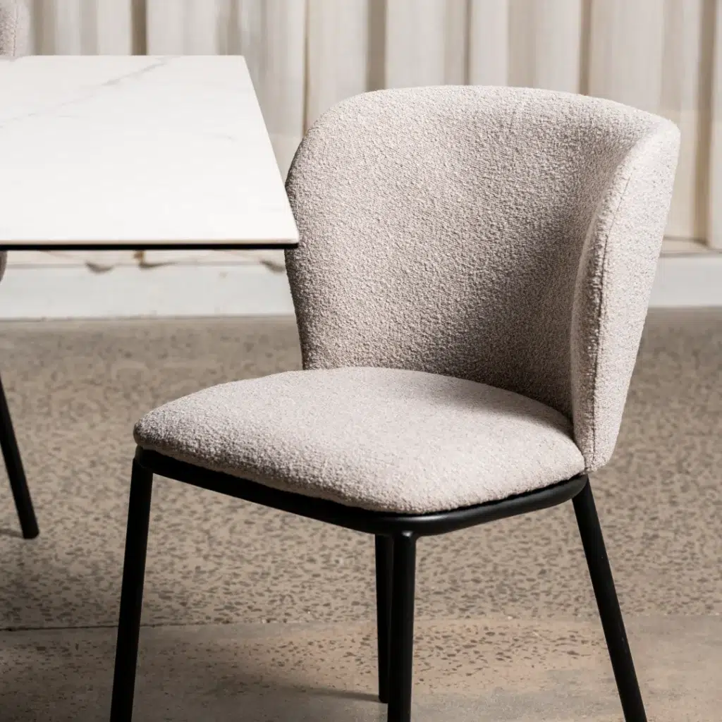 Alaska white dining chair set of 2 modern minimalist design with boucle fabric and black frame