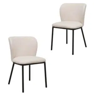 White Alaska dining chairs with boucle fabric and black metal frame for modern spaces