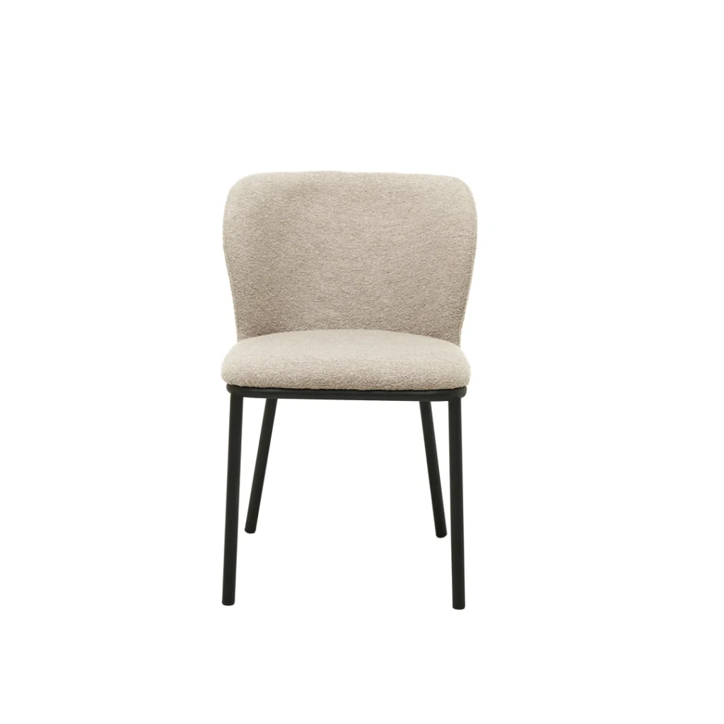 Modern latte boucle dining chairs with black metal frame for contemporary spaces