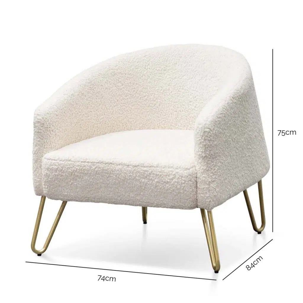 Ivory white armchair with golden legs and synthetic wool upholstery for modern spaces