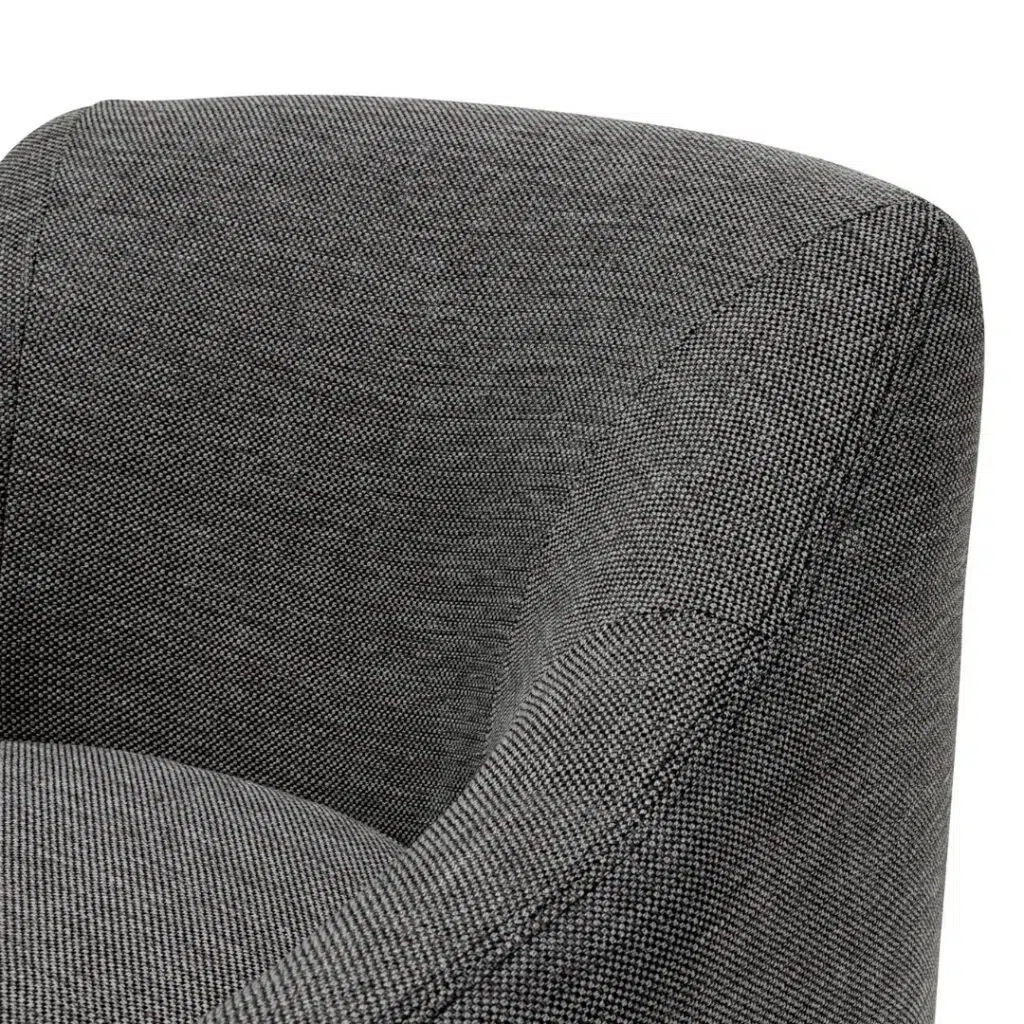 Anya fabric armchair in Graphite Grey with timber wood frame and sleek H-shape design