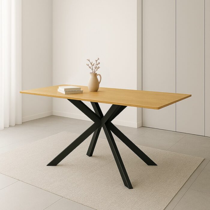Aria 1.8m rectangular dining table with timber veneer top and black metal base