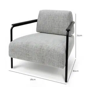 Arlo fabric armchair in light grey with black legs and wooden armrests for modern interiors