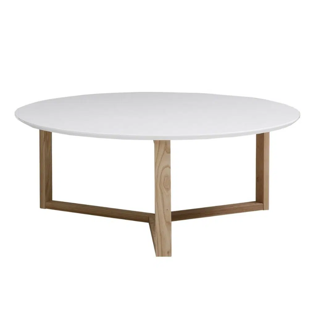 Aurora round coffee table with durable MDF top and solid rubberwood base for living room