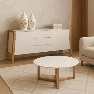 Aurora round coffee table with durable MDF surface and solid rubberwood base