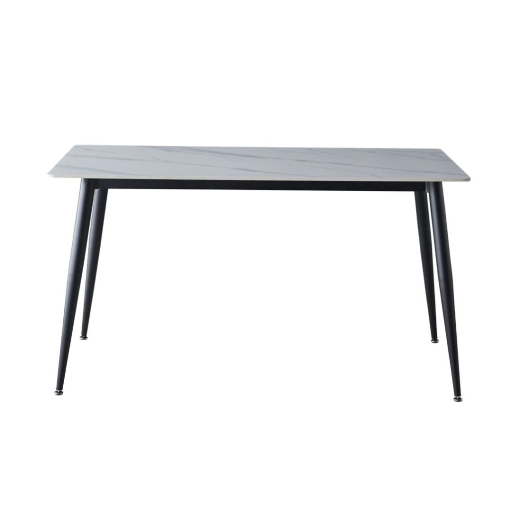 Bentley Snow White ceramic dining table with marble effect and black metal frame