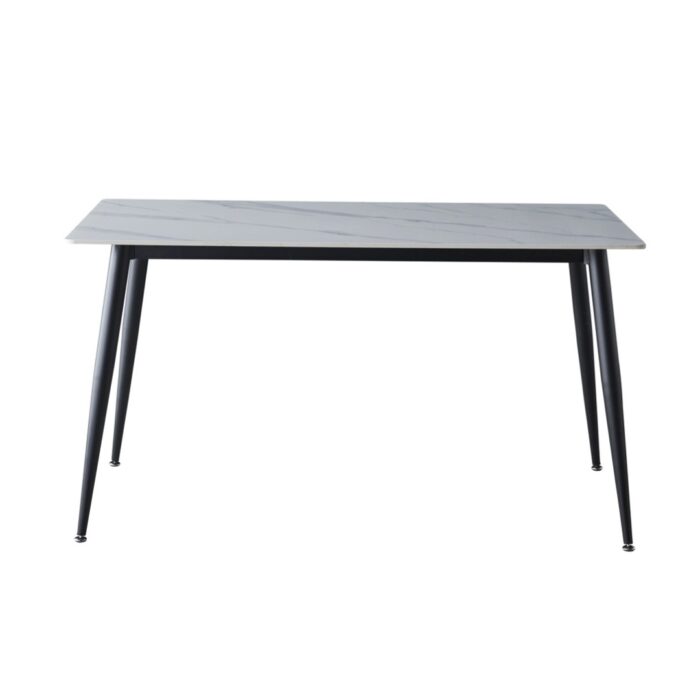 Bentley Snow White ceramic dining table with marble effect and black metal frame