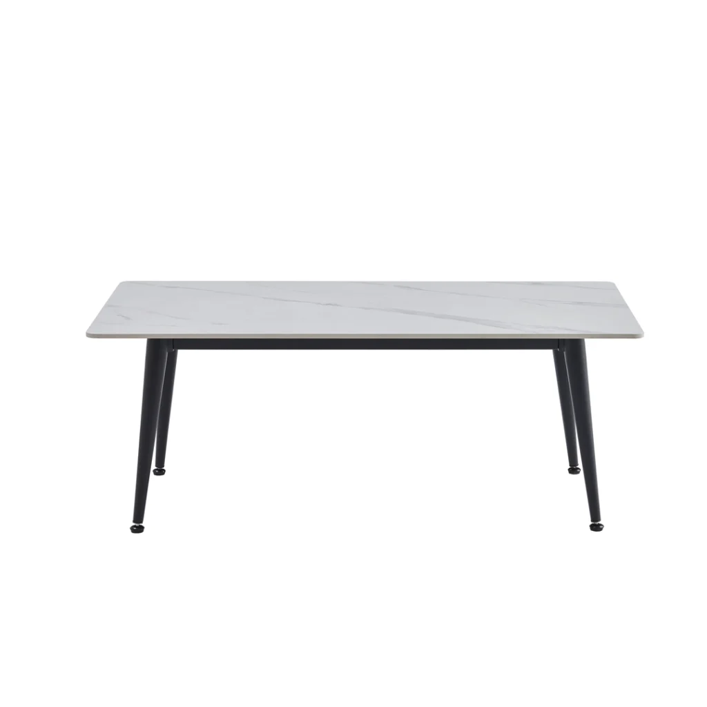 Bentley coffee table with snow white ceramic top and black metal legs for modern homes