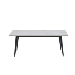 Bentley coffee table with snow white ceramic top and black metal legs for modern homes