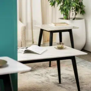 Bentley side table in snow white ceramic with black metal legs for modern spaces