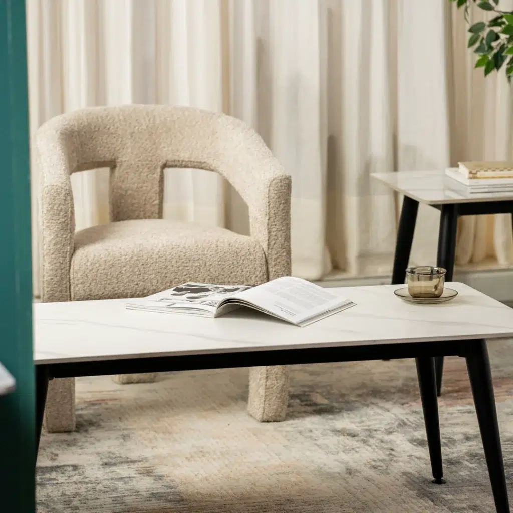 Bentley coffee table snow white ceramic top black metal legs modern elegance