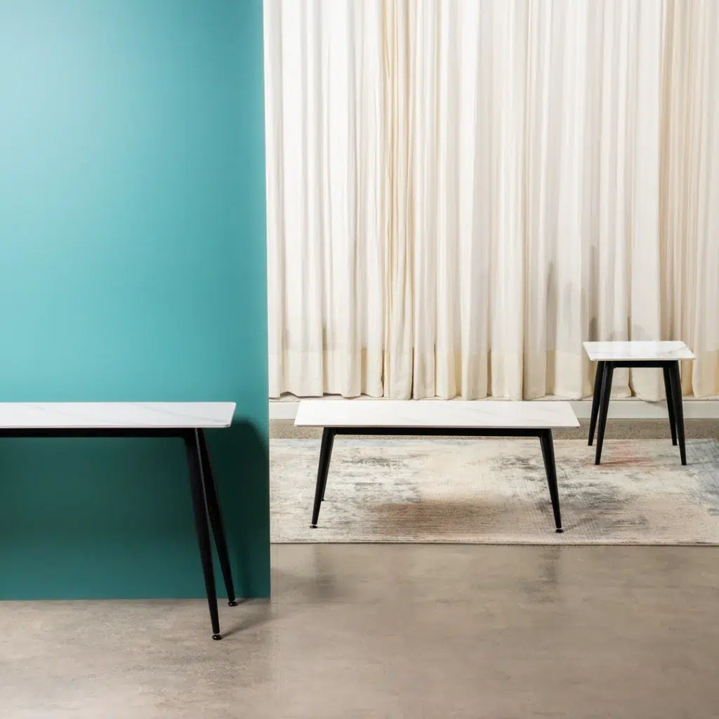 Bentley console table with snow white ceramic top and black metal legs for modern interiors