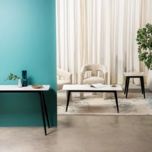 Bentley coffee table with snow white ceramic top and black metal legs for modern homes