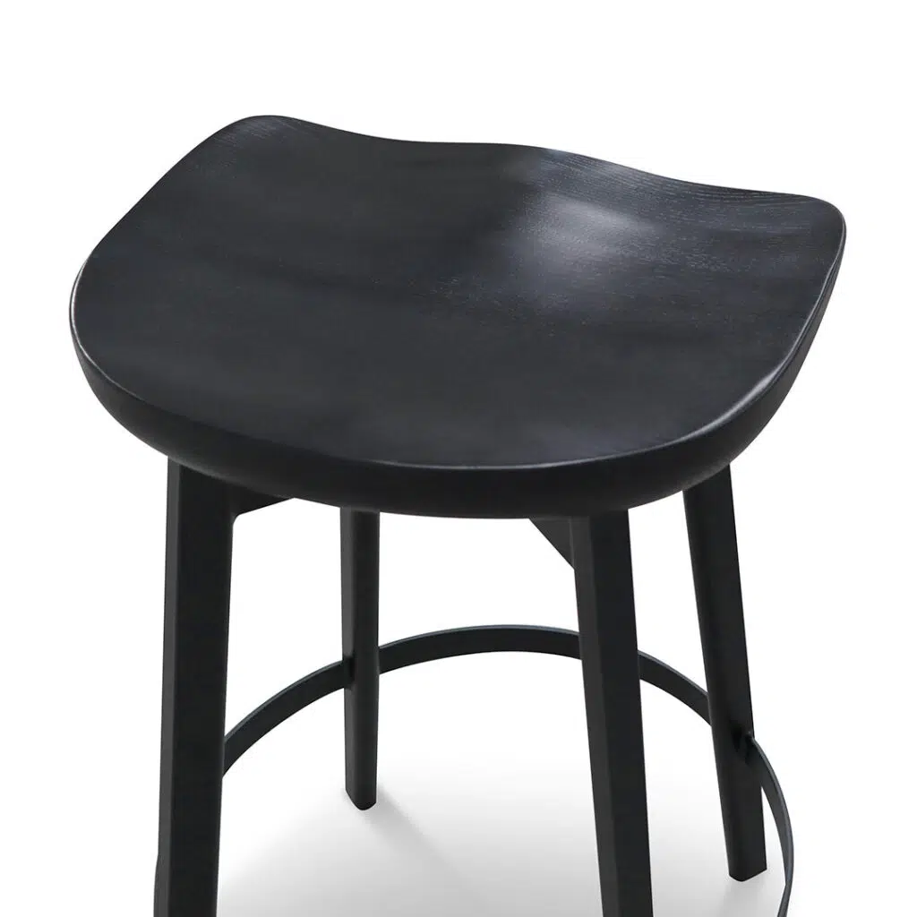 Black bar stool with ash wood seat and steel frame for modern kitchens