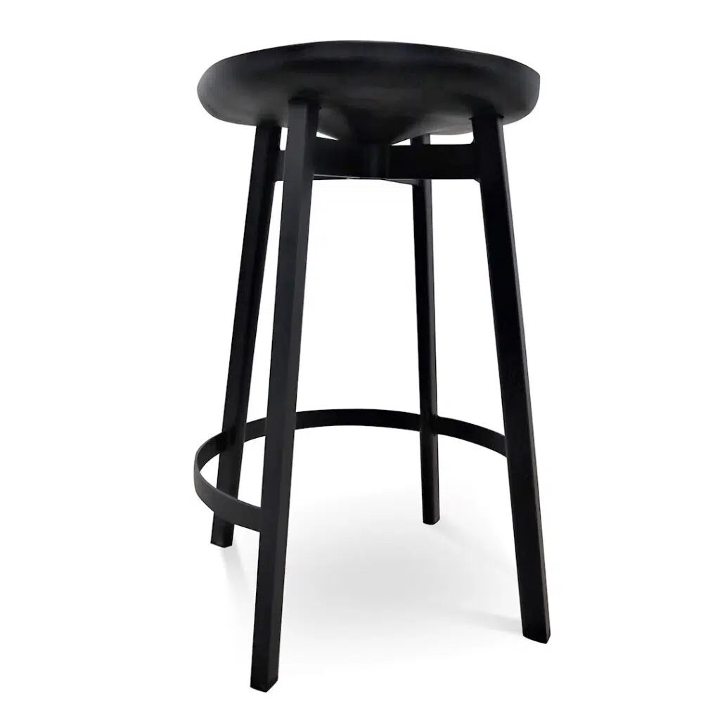 Black bar stool with ash wood seat and steel frame for modern spaces