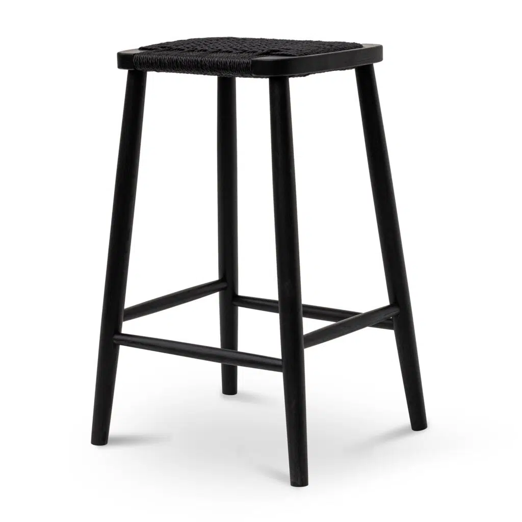 Black oak bar stool with cane seat and footrest for modern kitchens