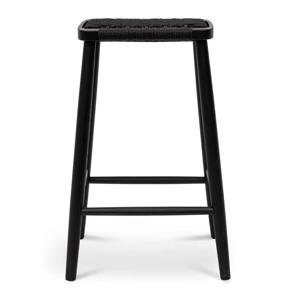 Modern 65cm bar stool with black oak frame and woven seat for kitchen or pub spaces