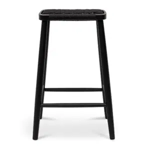 Modern 65cm bar stool with black oak frame and woven seat for kitchen or pub spaces