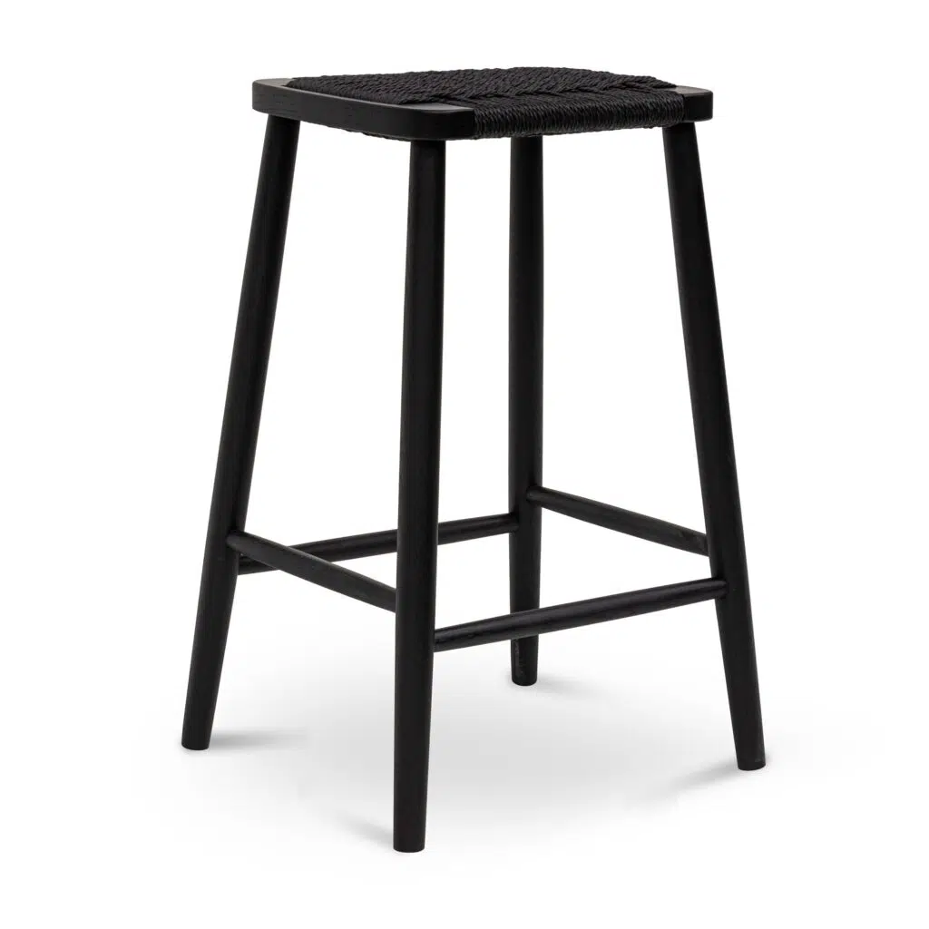 Modern 65cm bar stool with black oak frame and woven seat for kitchen counters