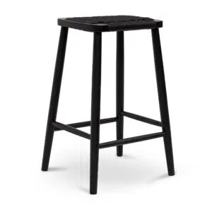 Modern 65cm bar stool with black oak frame and woven seat for kitchen counters