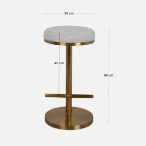 Thalia 68cm brushed gold bar stool with silver grey boucle upholstery for modern spaces