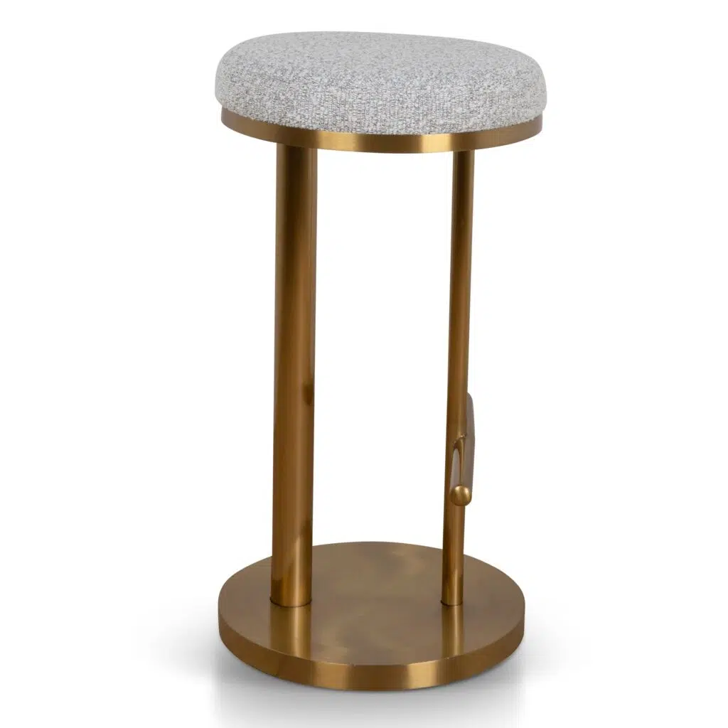 Thalia 68cm brushed gold bar stool with silver grey boucle upholstery for modern spaces