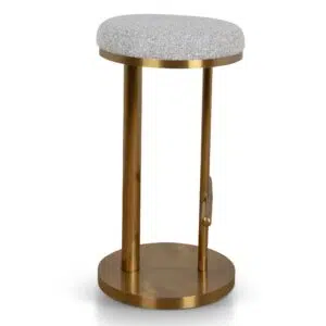 Thalia 68cm brushed gold bar stool with silver grey boucle upholstery for modern spaces