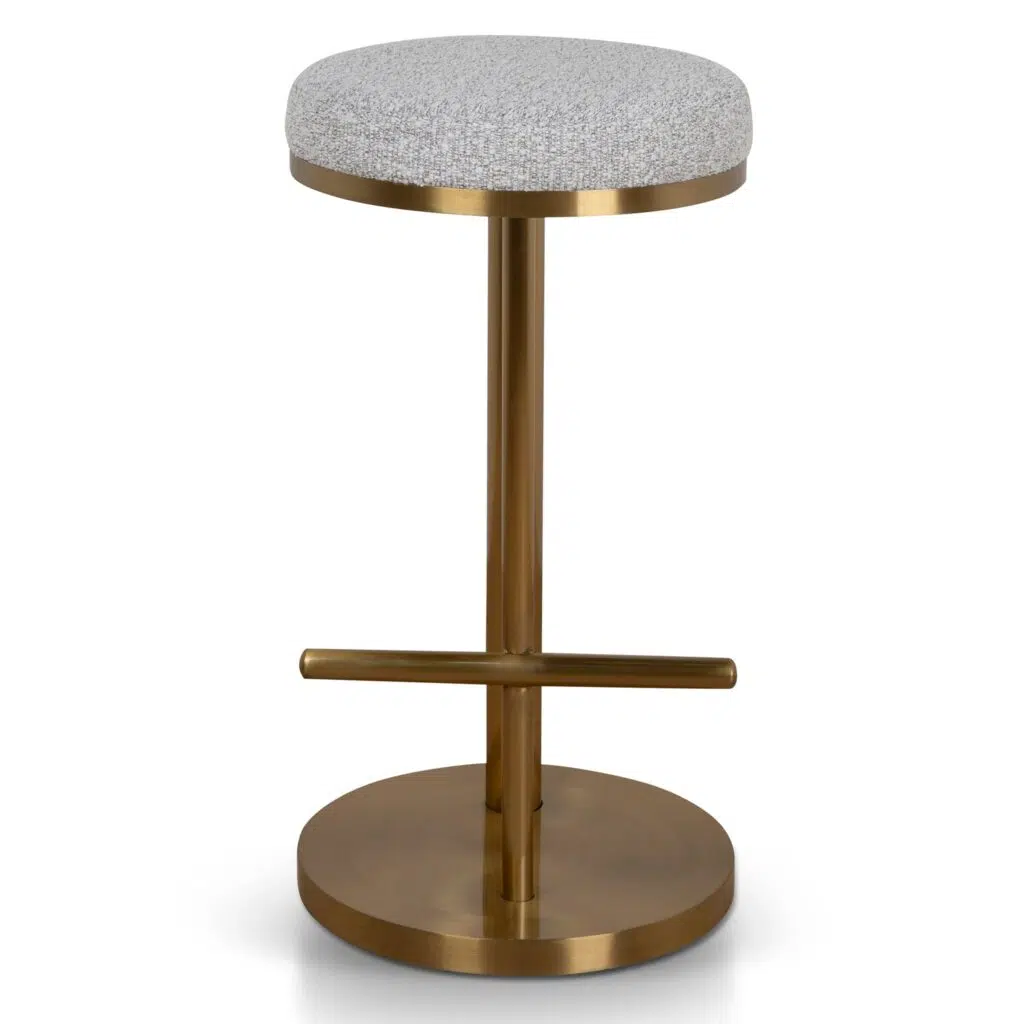 Thalia brushed gold bar stool with silver grey boucle upholstery for modern spaces