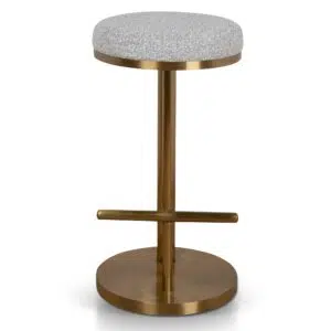 Thalia brushed gold bar stool with silver grey boucle upholstery for modern spaces