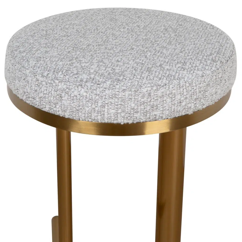 Thalia 68cm brushed gold bar stool with silver grey boucle upholstery for modern spaces