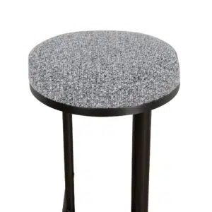 Soren 68cm black bar stool with graphite grey boucle fabric and steel frame. Sturdy ergonomic design for kitchens or cafes.