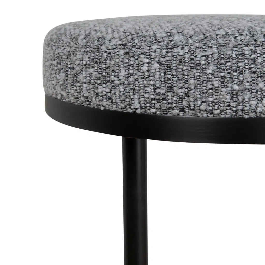 Sturdy 68cm black bar stool with graphite grey boucle upholstery, ergonomic design, stainless steel frame for durability and comfort.