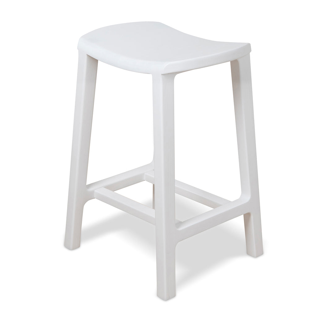 White Alex 62cm bar stool with solid ash wood seat and geometric frame for stability