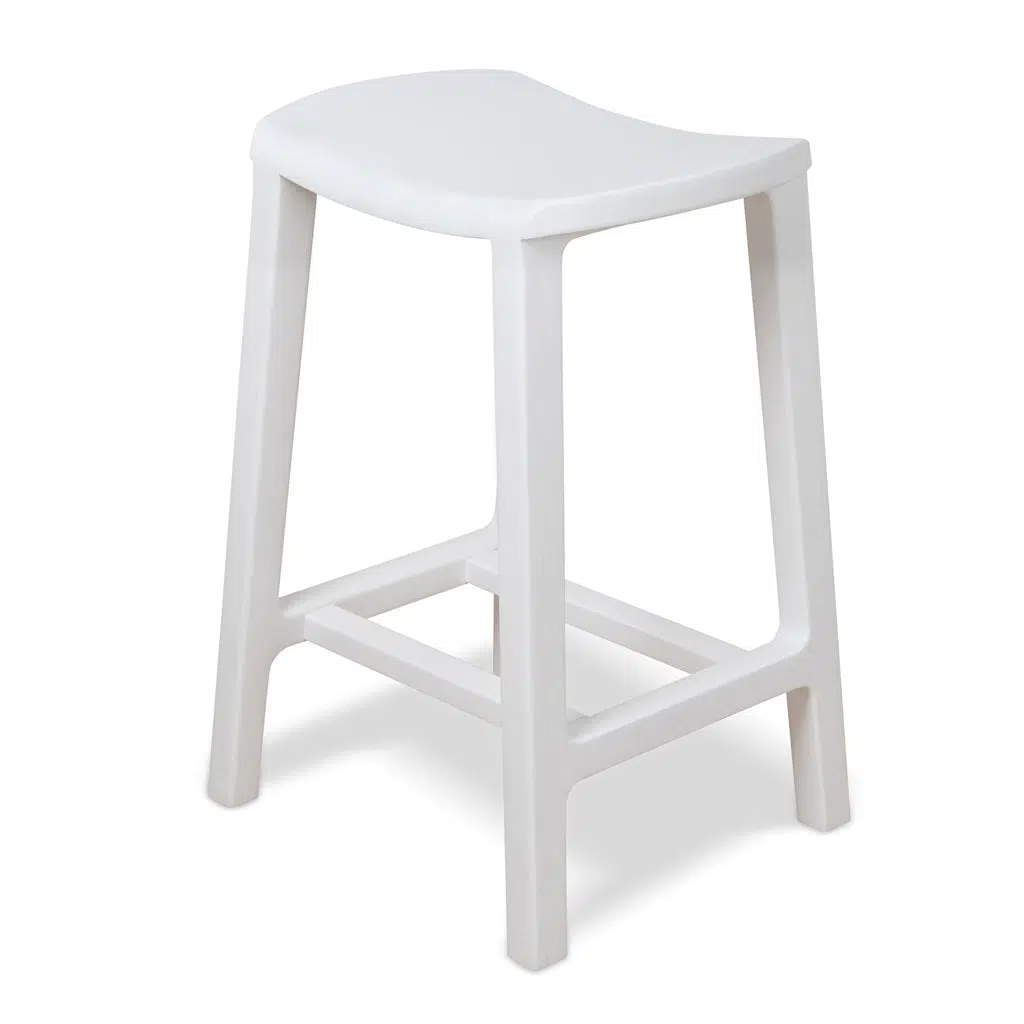 White Alex 62cm bar stool with solid ash wood seat and geometric frame for stability