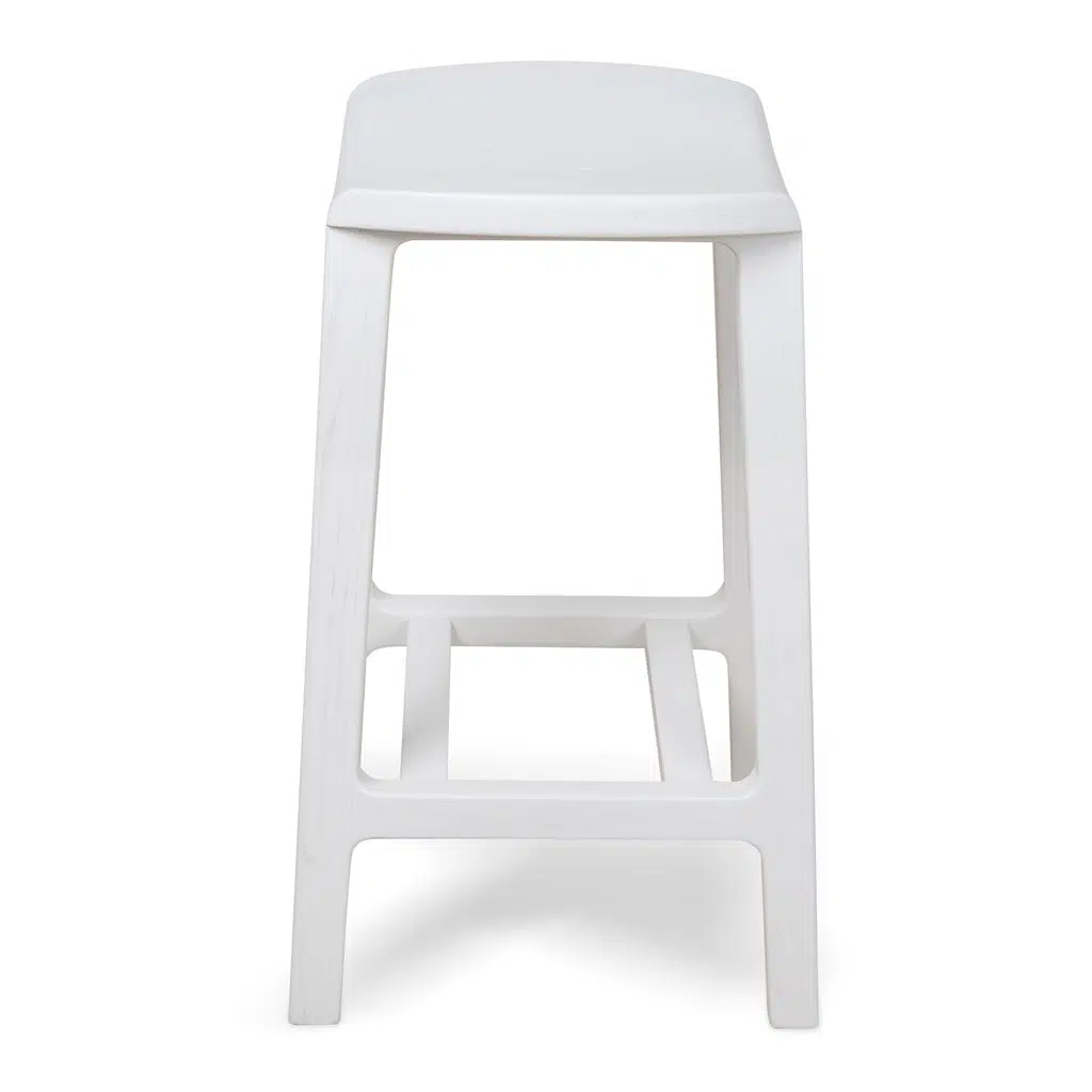 White Alex 62cm bar stool with solid ash wood seat and stable rectangular frame for modern kitchens