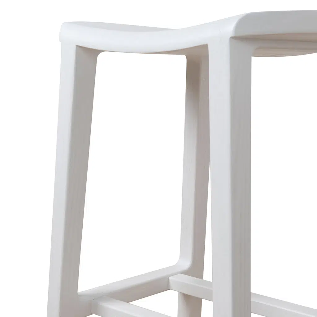 White Alex 62cm bar stool with solid ash wood seat and stable rectangular frame for modern kitchens
