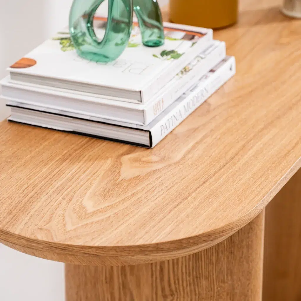 Boyd console table in natural wood finish with clean lines and minimalist design for modern homes