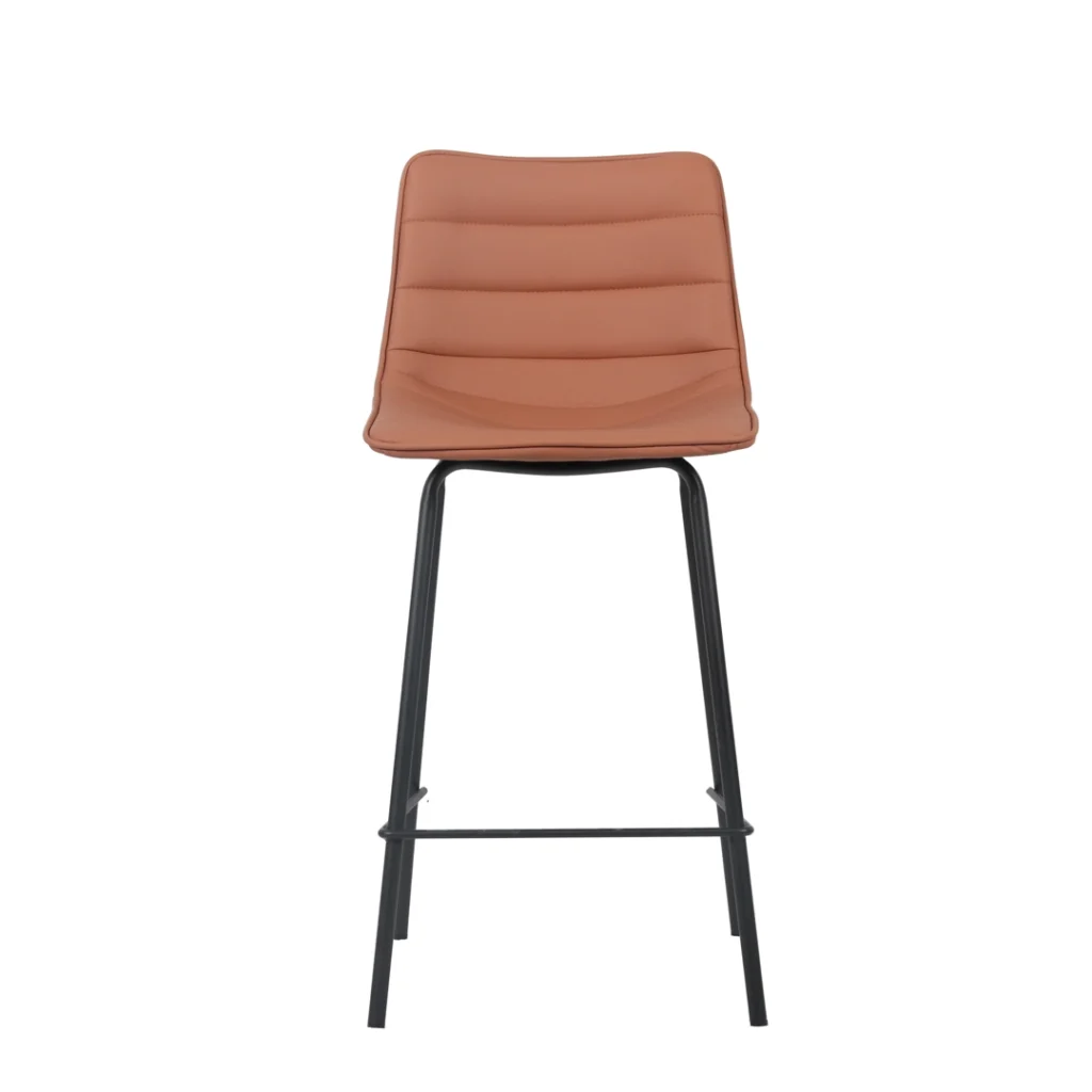 Modern tan bar stools with black metal frame and PU leather upholstery for kitchen islands