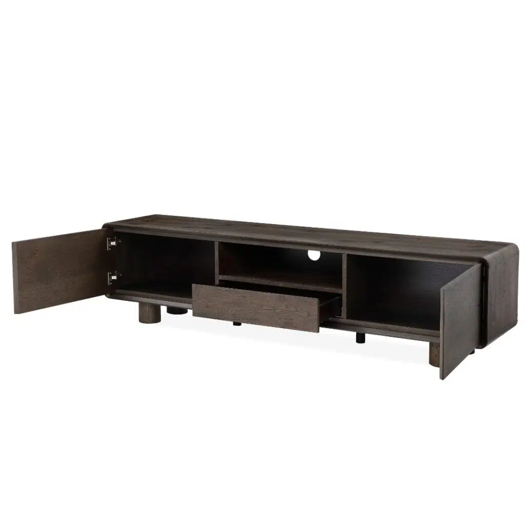 Capri TV unit with rich dark oak veneer and coffee-toned frame for modern living rooms